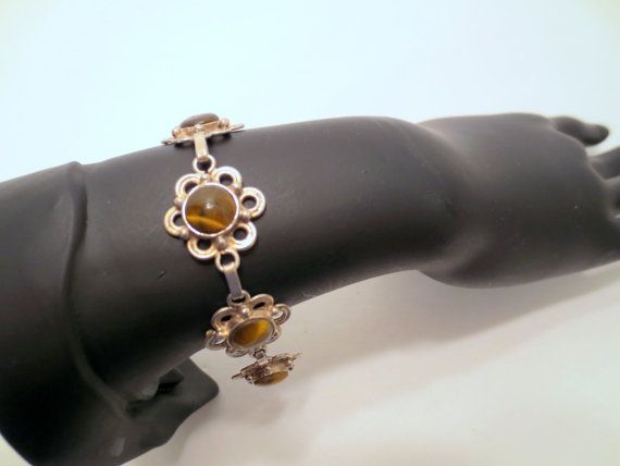 Vintage Tigers Eye Bracelet, 950 Sterling Silver, flower Settings vintage jewelry silver jewellery Vintage Tigers Eye Bracelet, 950 Sterling Silver, flower Settings vintage jewelry silver jewellery
