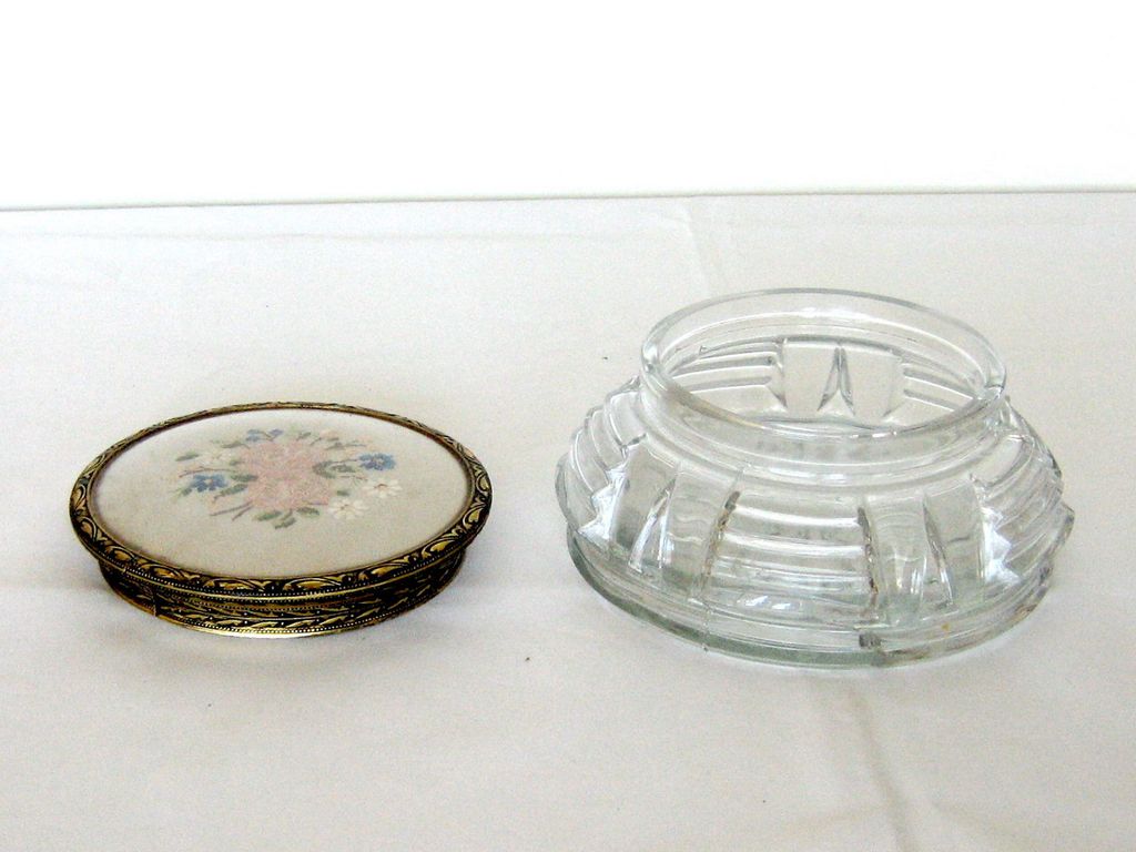 1930's Powder Jar – Embroidery Lid 1930's Powder Jar – Embroidery Lid
