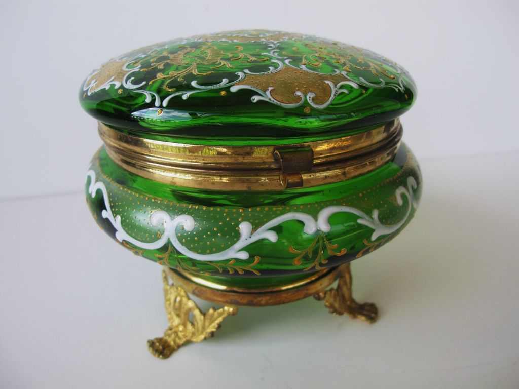 Large Antique Moser Bohemian Glass Gilted Enameled Dresser Box - 1880 Large Antique Moser Bohemian Glass Gilted Enameled Dresser Box - 1880