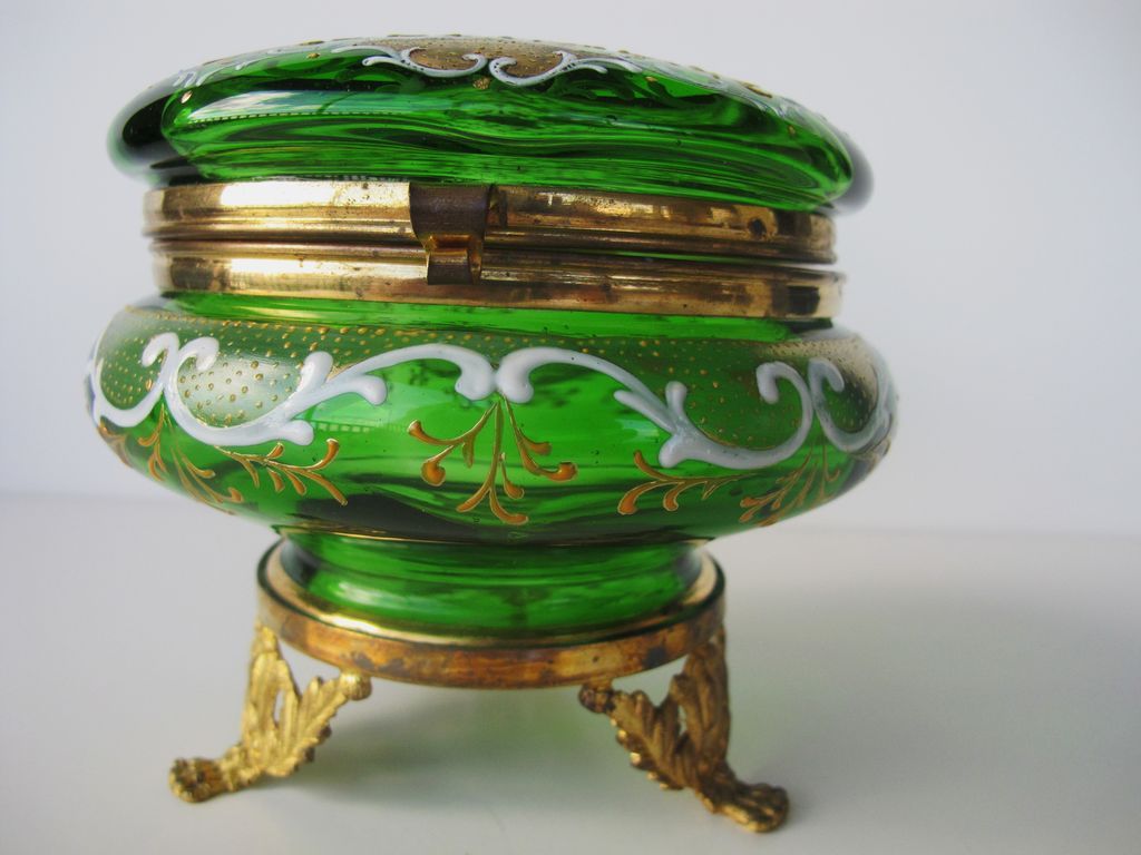 Large Antique Moser Bohemian Glass Gilted Enameled Dresser Box - 1880 Large Antique Moser Bohemian Glass Gilted Enameled Dresser Box - 1880