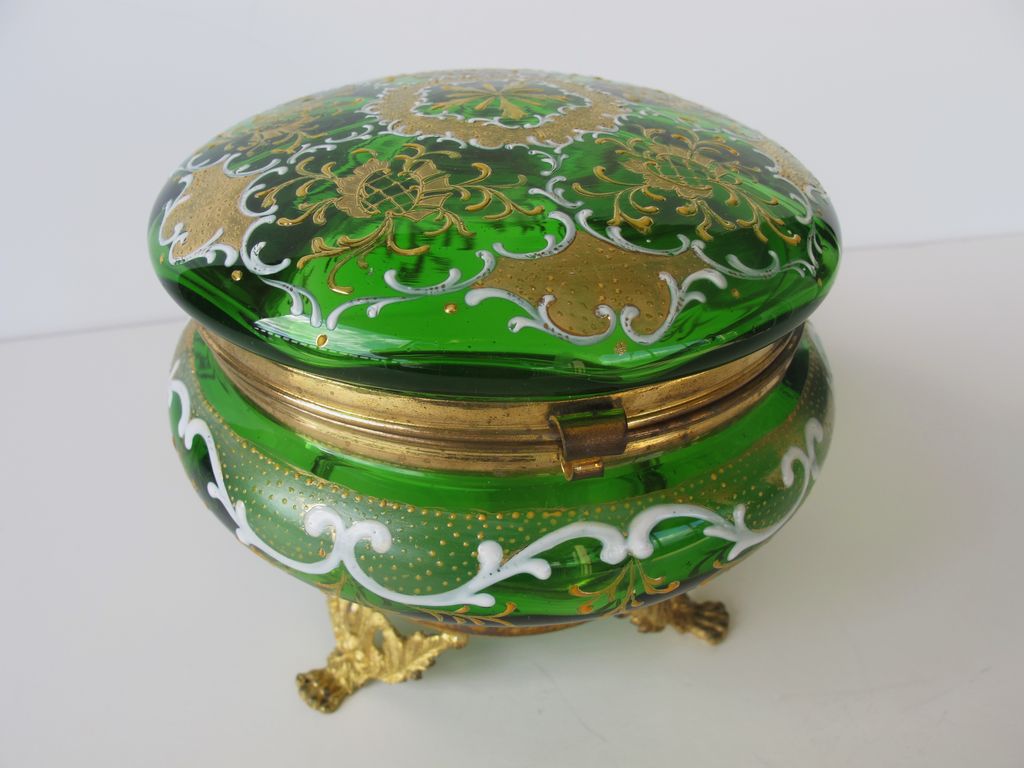 Large Antique Moser Bohemian Glass Gilted Enameled Dresser Box - 1880 Large Antique Moser Bohemian Glass Gilted Enameled Dresser Box - 1880