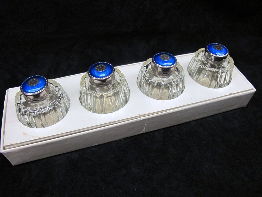 4 Vintage Cut Glass, Sterling, Guilloche Enamel Salt/Pepper Shakers - Denmark 4 Vintage Cut Glass, Sterling, Guilloche Enamel Salt/Pepper Shakers - Denmark