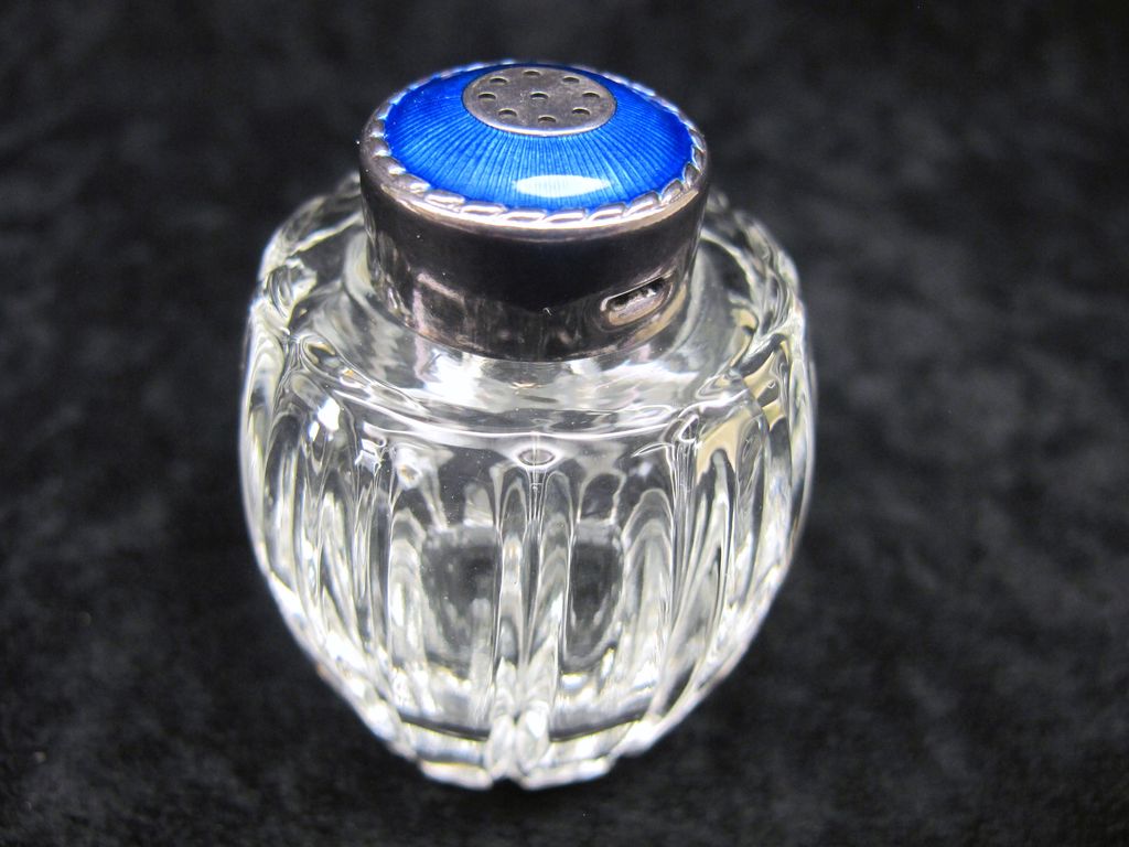 4 Vintage Cut Glass, Sterling, Guilloche Enamel Salt/Pepper Shakers - Denmark 4 Vintage Cut Glass, Sterling, Guilloche Enamel Salt/Pepper Shakers - Denmark