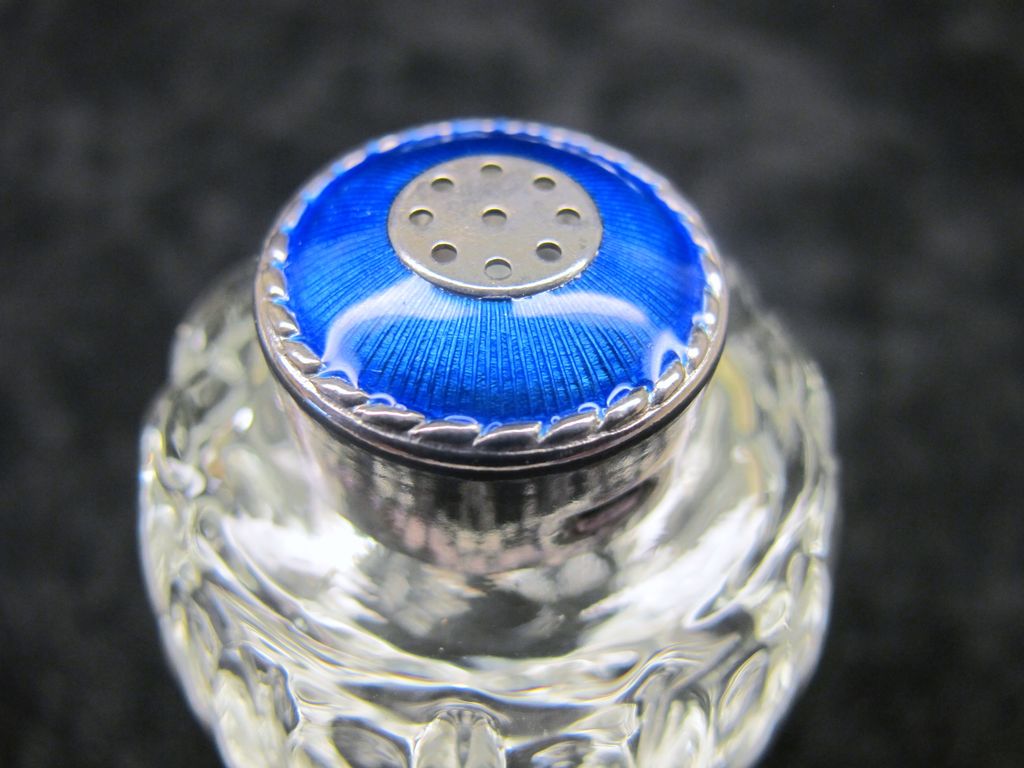 4 Vintage Cut Glass, Sterling, Guilloche Enamel Salt/Pepper Shakers - Denmark 4 Vintage Cut Glass, Sterling, Guilloche Enamel Salt/Pepper Shakers - Denmark