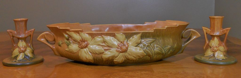 Vintage ROSEVILLE Console Set 18" Bowl 2 Candlesticks Autumn Brown CLEMATIS Pattern Vintage ROSEVILLE Console Set 18" Bowl 2 Candlesticks Autumn Brown CLEMATIS Pattern