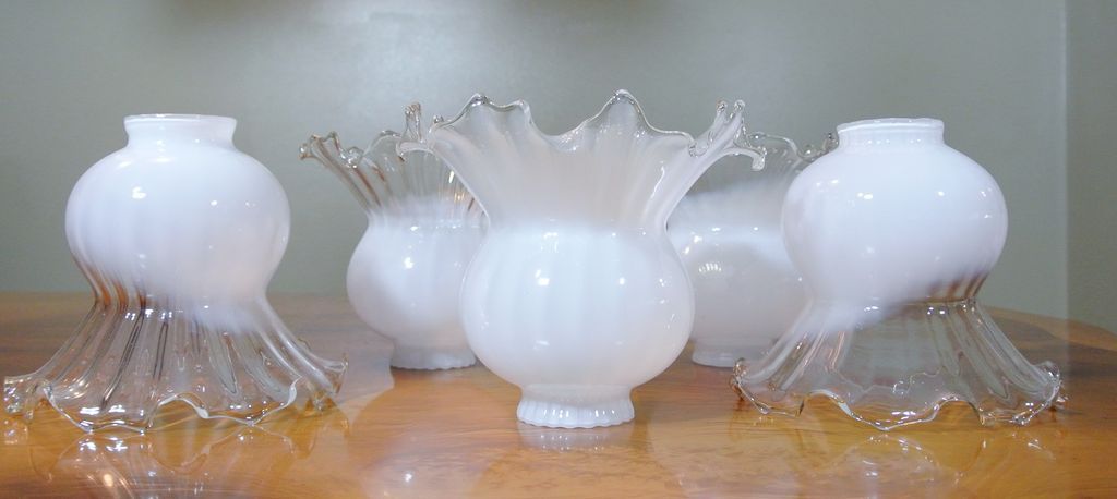 5 Vintage Hand Blown Milk White to Clear Large Fluted Gas Fixture Lamp Shades 5 Vintage Hand Blown Milk White to Clear Large Fluted Gas Fixture Lamp Shades
