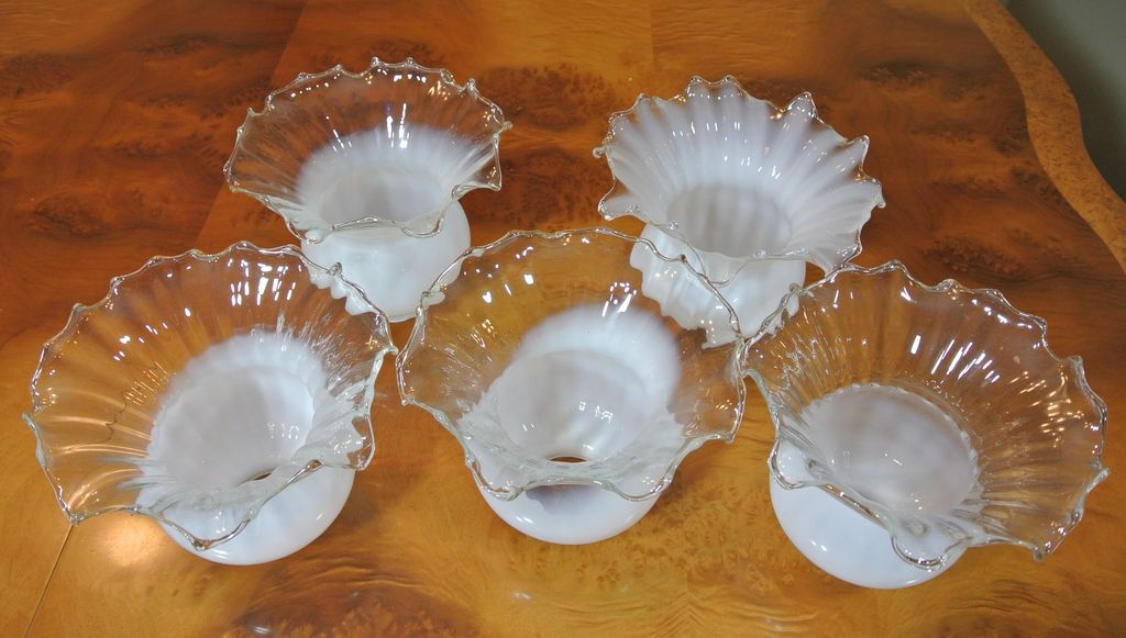 5 Vintage Hand Blown Milk White to Clear Large Fluted Gas Fixture Lamp Shades 5 Vintage Hand Blown Milk White to Clear Large Fluted Gas Fixture Lamp Shades