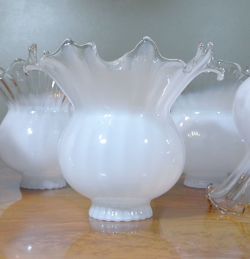5 Vintage Hand Blown Milk White to Clear Large Fluted Gas Fixture Lamp Shades 5 Vintage Hand Blown Milk White to Clear Large Fluted Gas Fixture Lamp Shades