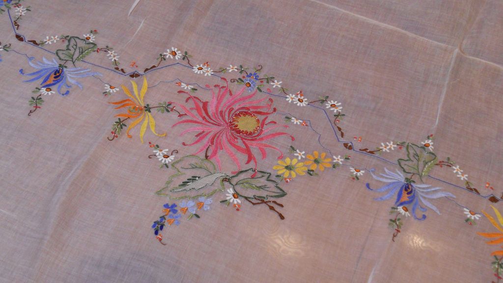 Vintage Chinese Handmade Shear Embroidered & Appliqué Tablecloth 102" w/10 Napkins Vintage Chinese Handmade Shear Embroidered & Appliqué Tablecloth 102" w/10 Napkins