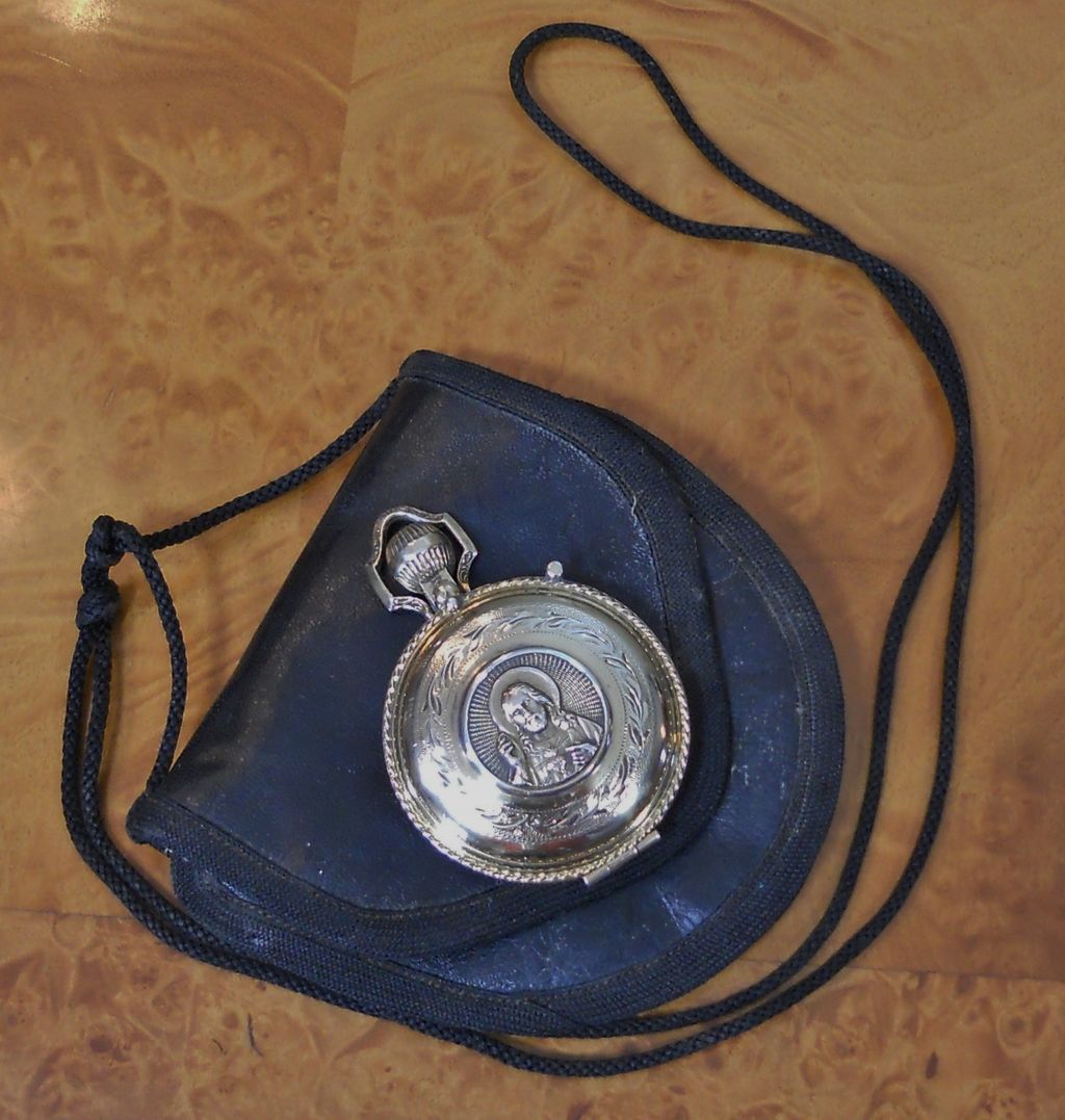 Vintage STERLING Silver Christian Communion Host Pyx Case in Painted Leather Satchel Vintage STERLING Silver Christian Communion Host Pyx Case in Painted Leather Satchel