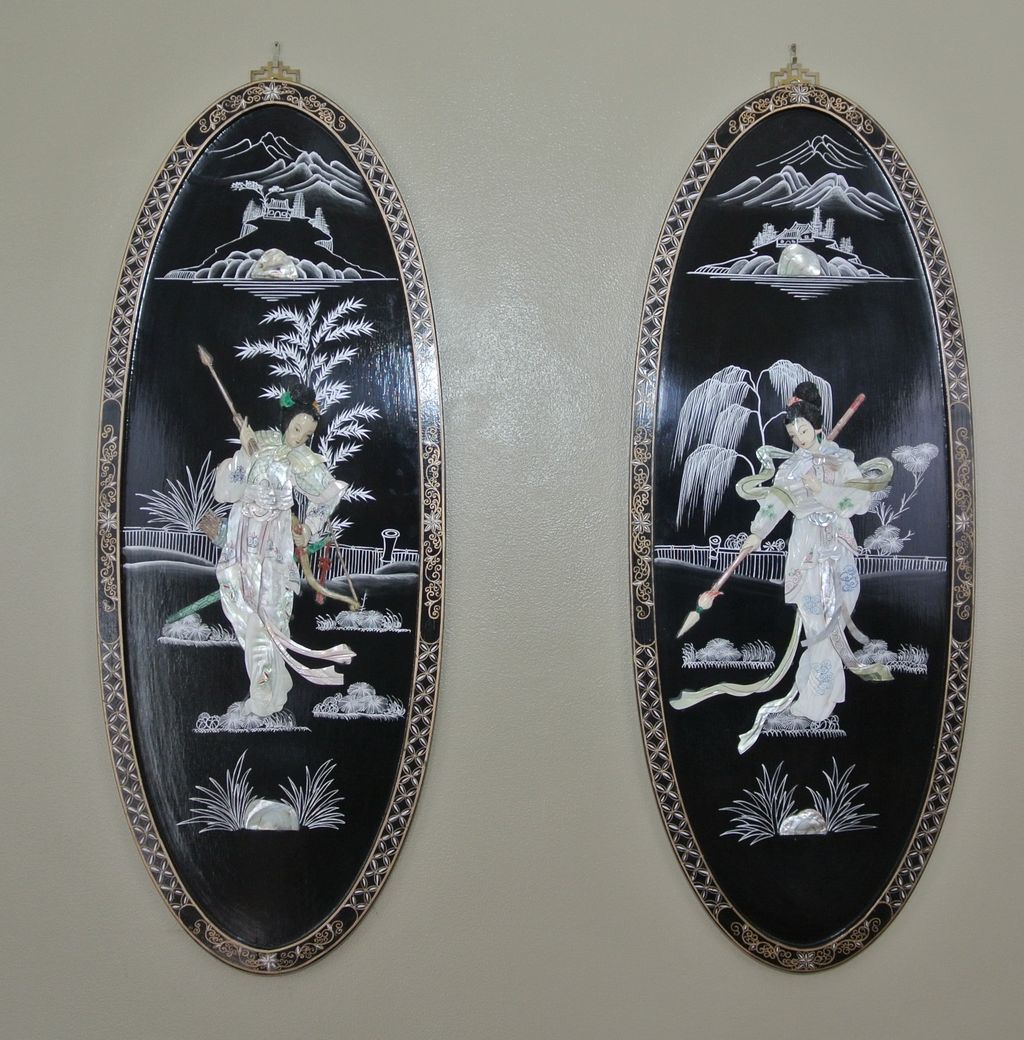 2 Vintage Oval 36" Oriental Lacquered Applied Carved Figural Geisha Panels 2 Vintage Oval 36" Oriental Lacquered Applied Carved Figural Geisha Panels