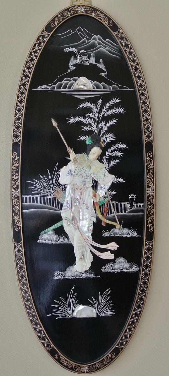 2 Vintage Oval 36" Oriental Lacquered Applied Carved Figural Geisha Panels 2 Vintage Oval 36" Oriental Lacquered Applied Carved Figural Geisha Panels