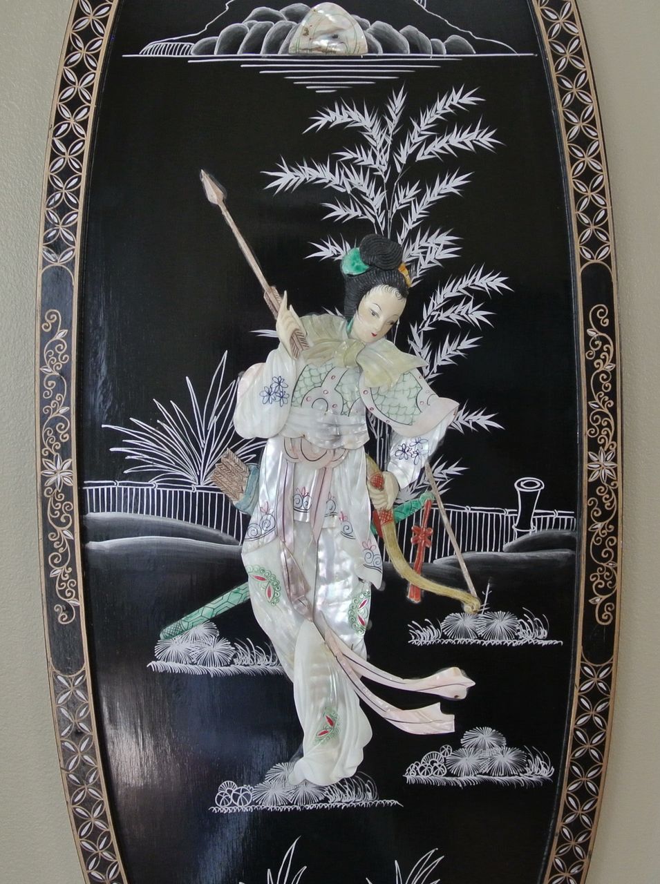 2 Vintage Oval 36" Oriental Lacquered Applied Carved Figural Geisha Panels 2 Vintage Oval 36" Oriental Lacquered Applied Carved Figural Geisha Panels