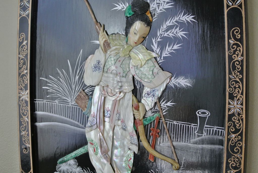 2 Vintage Oval 36" Oriental Lacquered Applied Carved Figural Geisha Panels 2 Vintage Oval 36" Oriental Lacquered Applied Carved Figural Geisha Panels
