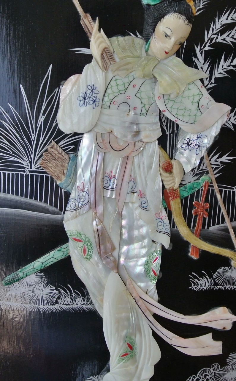 2 Vintage Oval 36" Oriental Lacquered Applied Carved Figural Geisha Panels 2 Vintage Oval 36" Oriental Lacquered Applied Carved Figural Geisha Panels