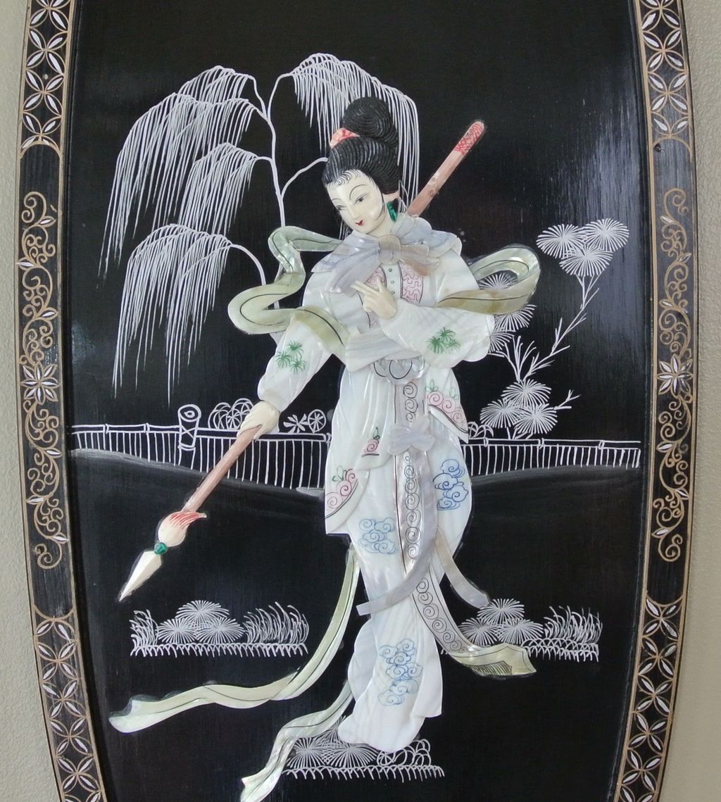 2 Vintage Oval 36" Oriental Lacquered Applied Carved Figural Geisha Panels 2 Vintage Oval 36" Oriental Lacquered Applied Carved Figural Geisha Panels