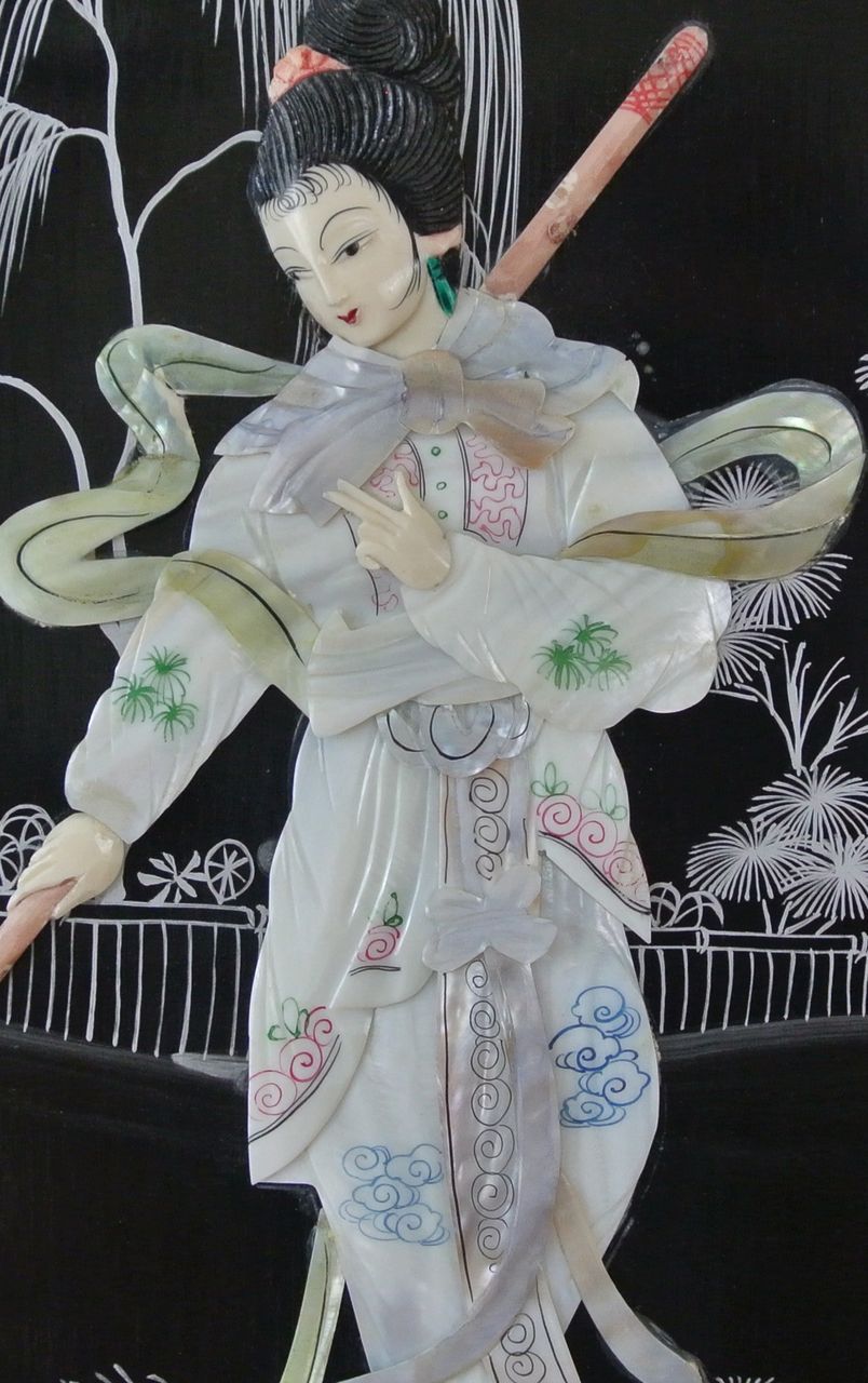 2 Vintage Oval 36" Oriental Lacquered Applied Carved Figural Geisha Panels 2 Vintage Oval 36" Oriental Lacquered Applied Carved Figural Geisha Panels