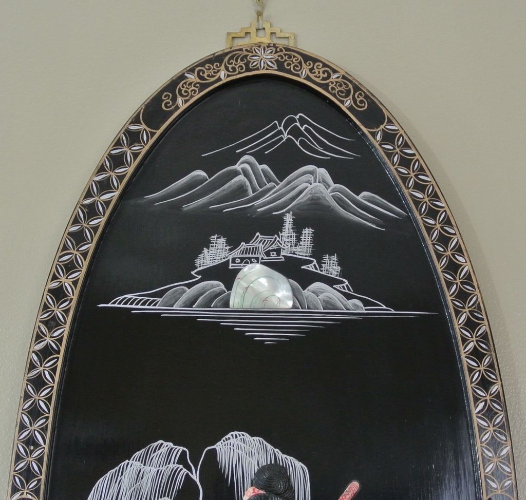 2 Vintage Oval 36" Oriental Lacquered Applied Carved Figural Geisha Panels 2 Vintage Oval 36" Oriental Lacquered Applied Carved Figural Geisha Panels