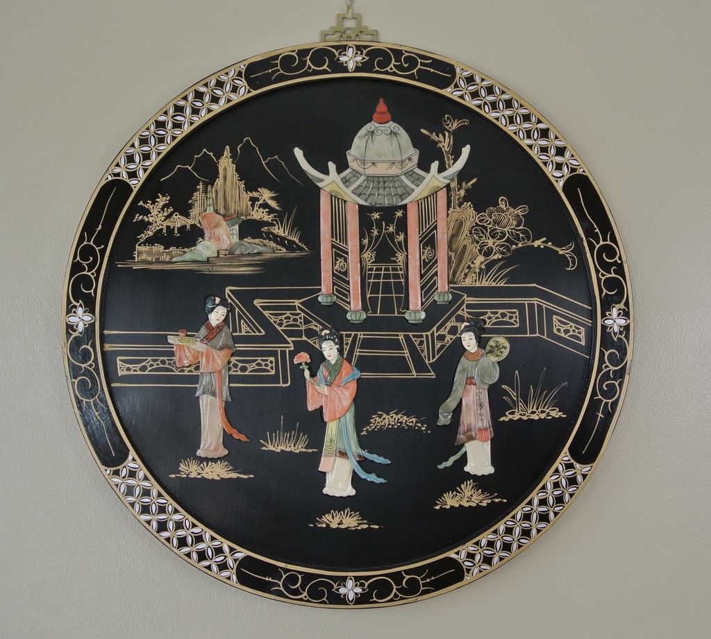 Vintage Round 22" Oriental Lacquered Applied Carved Figural Geisha Panel Vintage Round 22" Oriental Lacquered Applied Carved Figural Geisha Panel