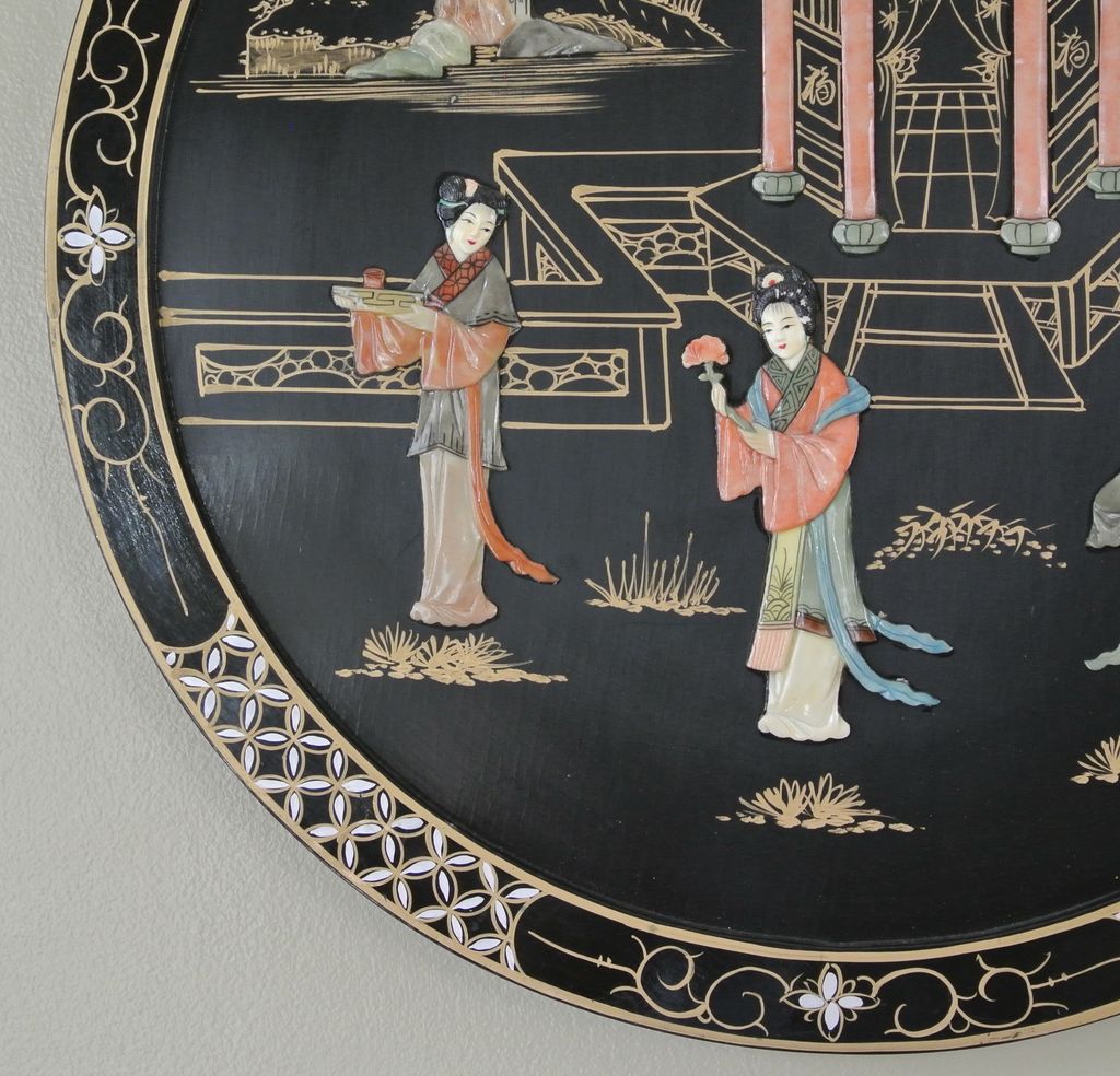 Vintage Round 22" Oriental Lacquered Applied Carved Figural Geisha Panel Vintage Round 22" Oriental Lacquered Applied Carved Figural Geisha Panel
