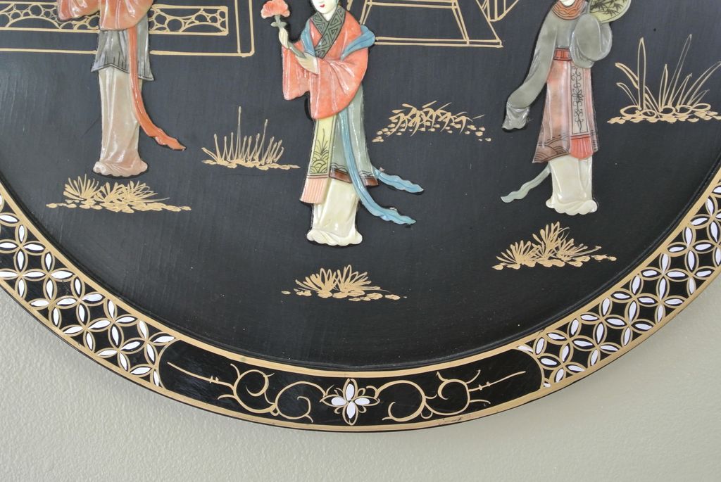 Vintage Round 22" Oriental Lacquered Applied Carved Figural Geisha Panel Vintage Round 22" Oriental Lacquered Applied Carved Figural Geisha Panel