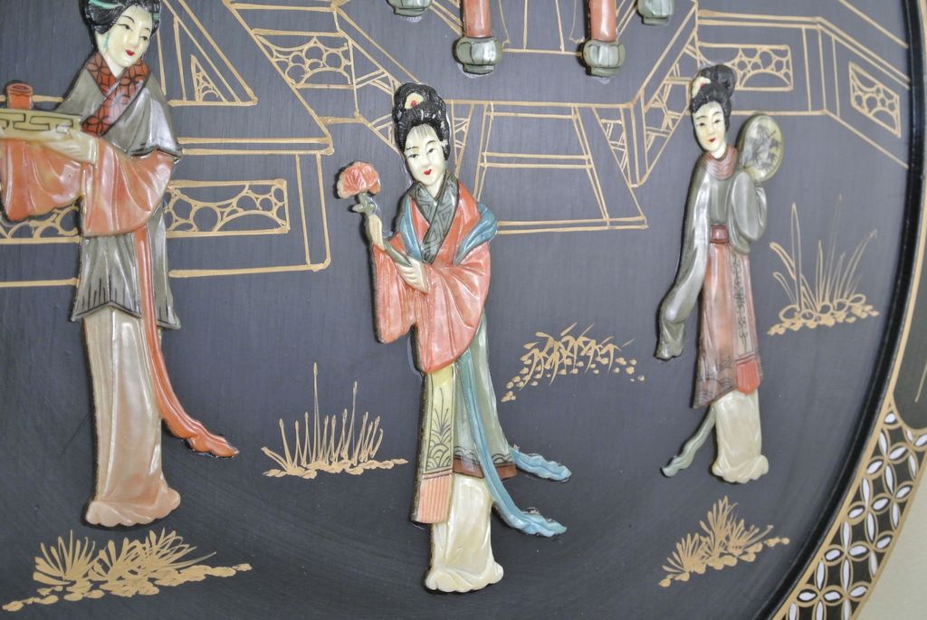 Vintage Round 22" Oriental Lacquered Applied Carved Figural Geisha Panel Vintage Round 22" Oriental Lacquered Applied Carved Figural Geisha Panel