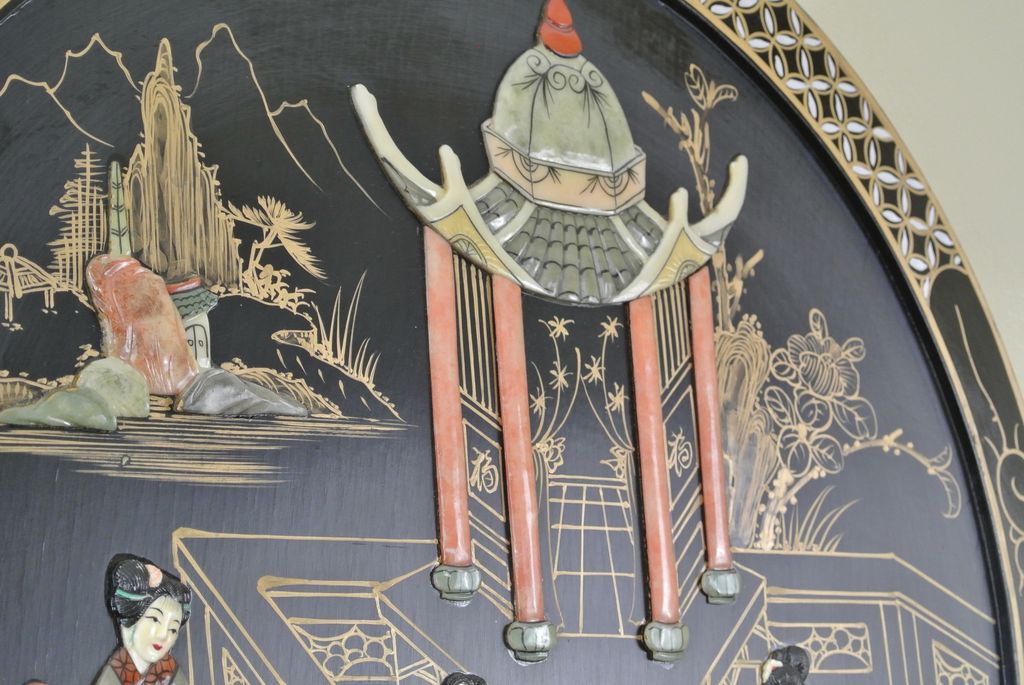 Vintage Round 22" Oriental Lacquered Applied Carved Figural Geisha Panel Vintage Round 22" Oriental Lacquered Applied Carved Figural Geisha Panel