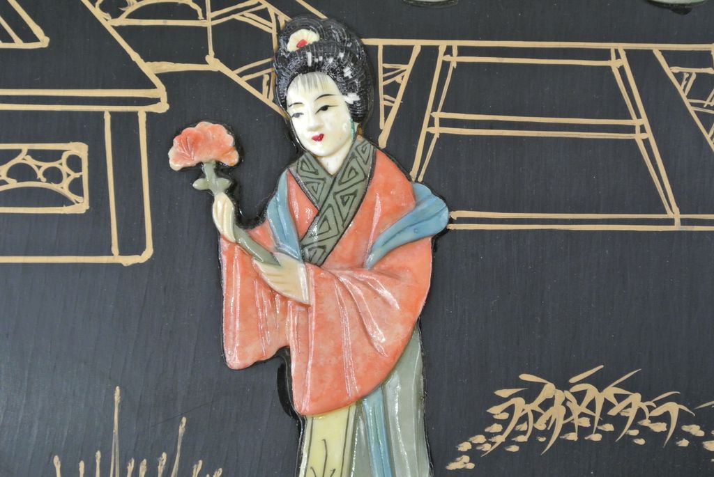 Vintage Round 22" Oriental Lacquered Applied Carved Figural Geisha Panel Vintage Round 22" Oriental Lacquered Applied Carved Figural Geisha Panel