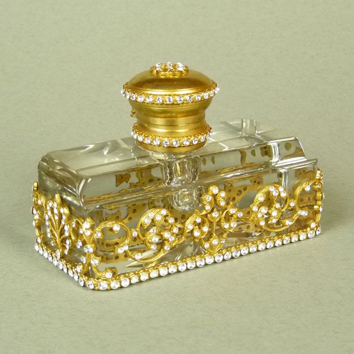A French Glass & Gilt Mounted Inkwell, enhanced with clear Paste Stones A French Glass & Gilt Mounted Inkwell, enhanced with clear Paste Stones