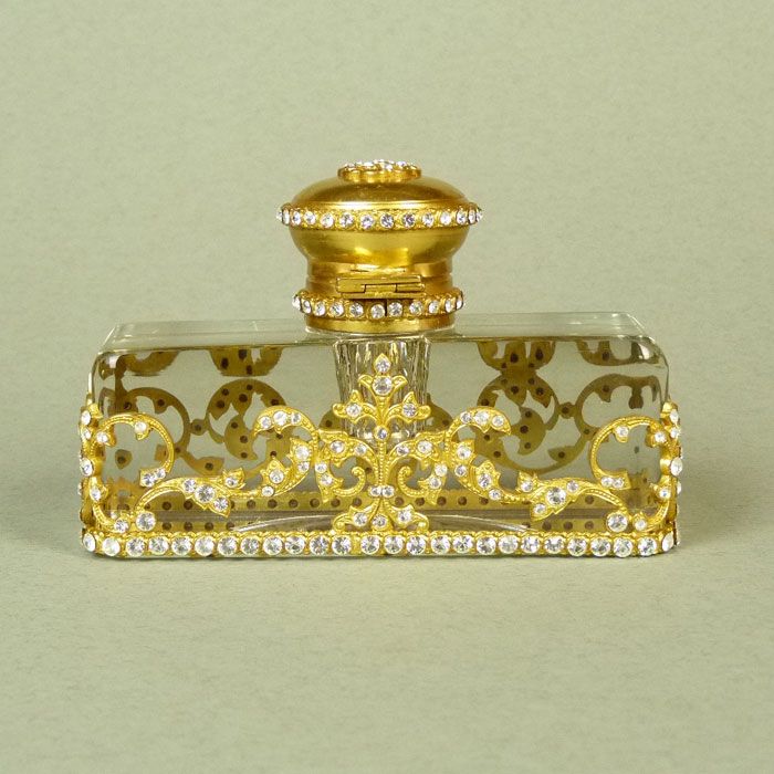A French Glass & Gilt Mounted Inkwell, enhanced with clear Paste Stones A French Glass & Gilt Mounted Inkwell, enhanced with clear Paste Stones
