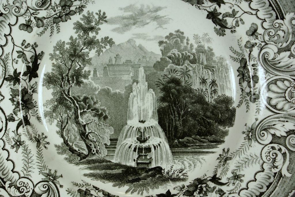 Staffordshire Black and White plate, Fountain by Enoch Wood, 1830s Staffordshire Black and White plate, Fountain by Enoch Wood, 1830s