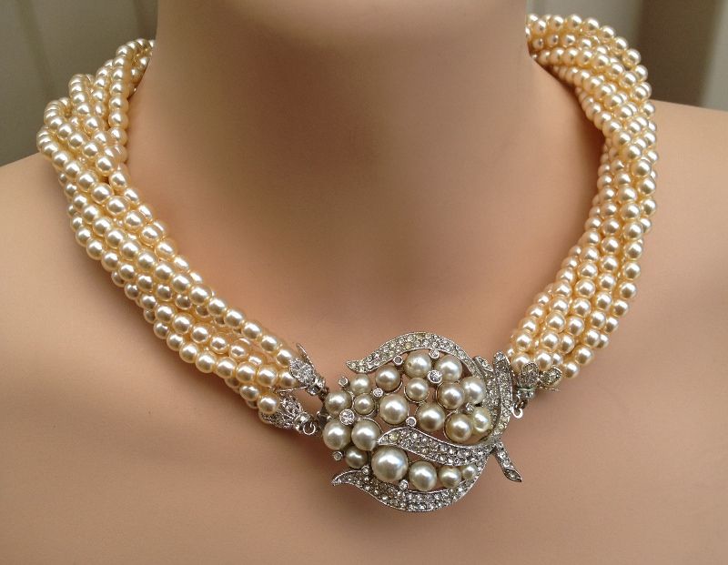 Vintage Multi-Strand Glass Pearl Choker Necklace wt large pot metal pin clasp Vintage Multi-Strand Glass Pearl Choker Necklace wt large pot metal pin clasp