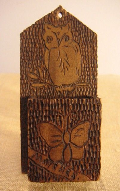 Wooden Match Holder Pyrography Dated Owl and Butterfly Wooden Match Holder Pyrography Dated Owl and Butterfly