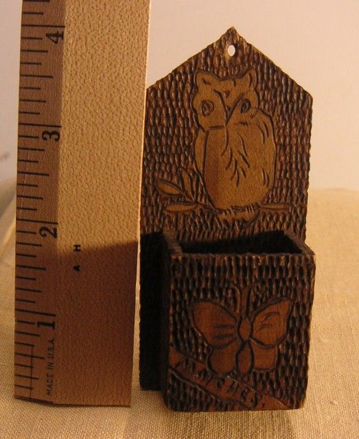 Wooden Match Holder Pyrography Dated Owl and Butterfly Wooden Match Holder Pyrography Dated Owl and Butterfly
