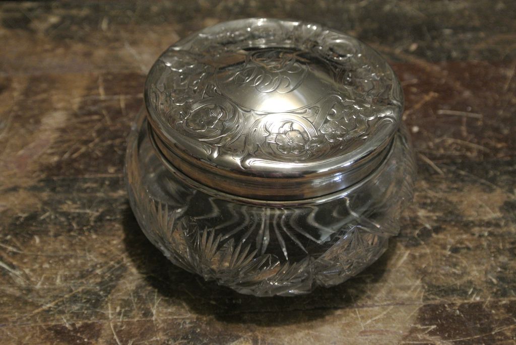 Art Nouveau Dresser Jar with Sterling Silver Lid, Cut Glass Art Nouveau Dresser Jar with Sterling Silver Lid, Cut Glass