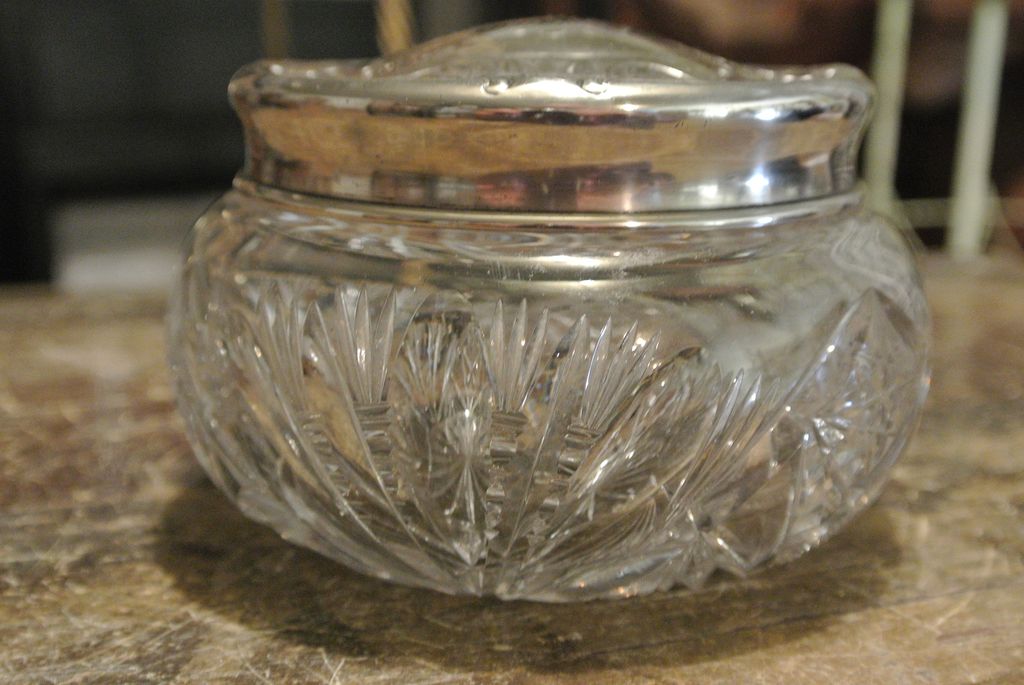 Art Nouveau Dresser Jar with Sterling Silver Lid, Cut Glass Art Nouveau Dresser Jar with Sterling Silver Lid, Cut Glass