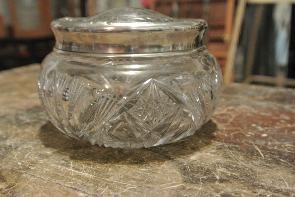 Art Nouveau Dresser Jar with Sterling Silver Lid, Cut Glass Art Nouveau Dresser Jar with Sterling Silver Lid, Cut Glass