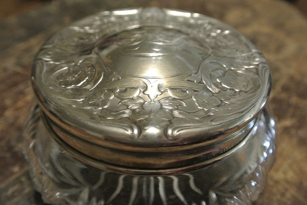 Art Nouveau Dresser Jar with Sterling Silver Lid, Cut Glass Art Nouveau Dresser Jar with Sterling Silver Lid, Cut Glass