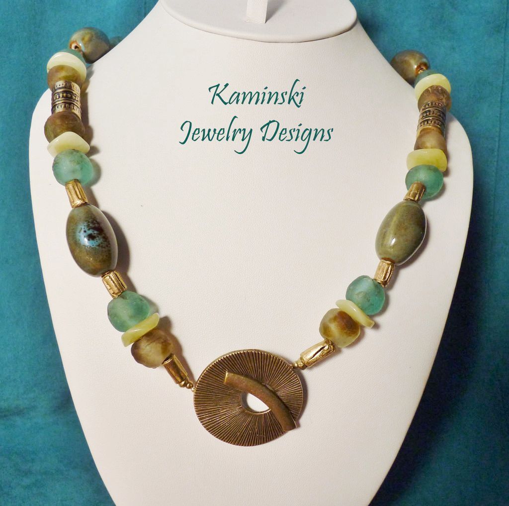 Handcrafted Green and Bronze African Beads and Brass Necklace Handcrafted Green and Bronze African Beads and Brass Necklace