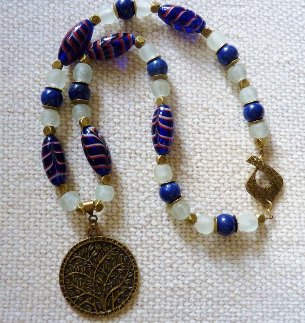 African Trade Cobalt Feather Beads and Krobo Beads with Brass Necklace African Trade Cobalt Feather Beads and Krobo Beads with Brass Necklace