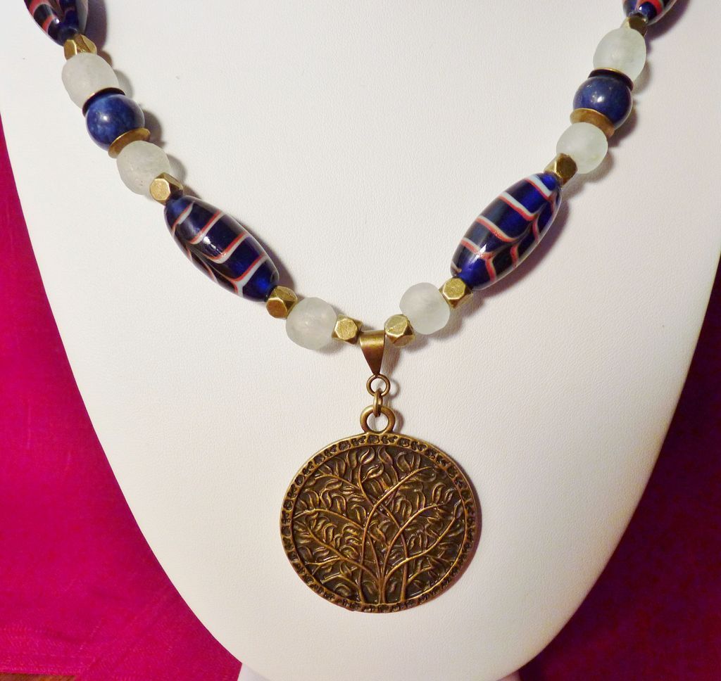 African Trade Cobalt Feather Beads and Krobo Beads with Brass Necklace African Trade Cobalt Feather Beads and Krobo Beads with Brass Necklace