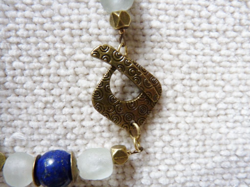 African Trade Cobalt Feather Beads and Krobo Beads with Brass Necklace African Trade Cobalt Feather Beads and Krobo Beads with Brass Necklace