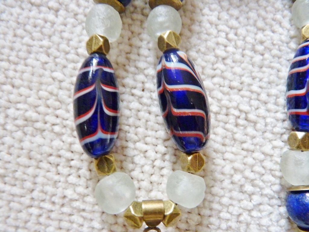 African Trade Cobalt Feather Beads and Krobo Beads with Brass Necklace African Trade Cobalt Feather Beads and Krobo Beads with Brass Necklace
