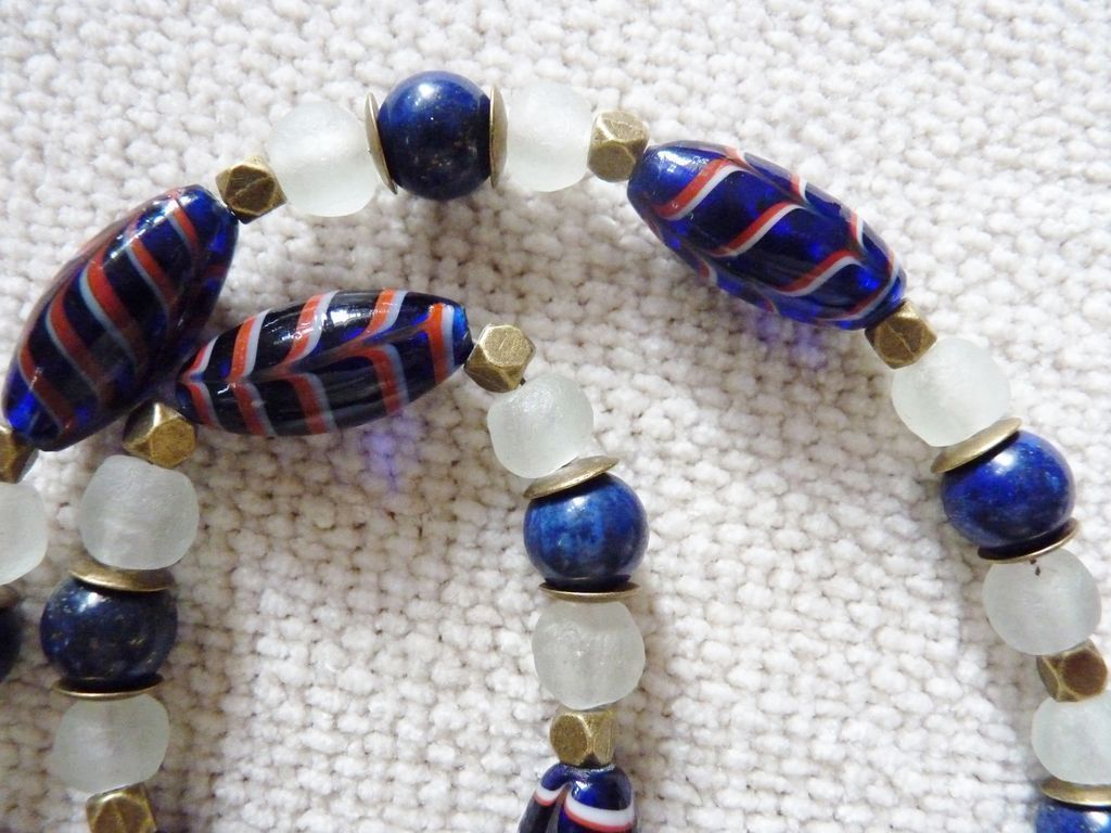African Trade Cobalt Feather Beads and Krobo Beads with Brass Necklace African Trade Cobalt Feather Beads and Krobo Beads with Brass Necklace