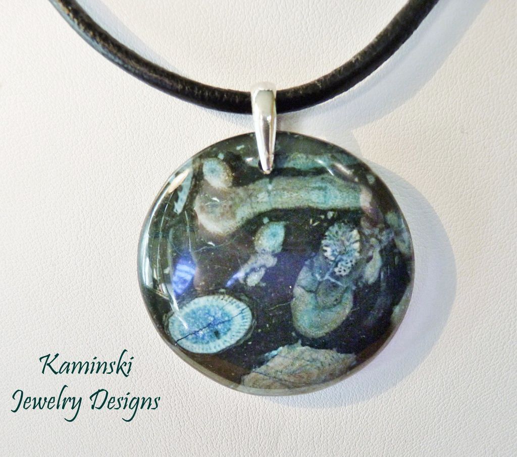 Round Nipomo Blue Coral Fossil Pendant on Leather with Sterling Round Nipomo Blue Coral Fossil Pendant on Leather with Sterling