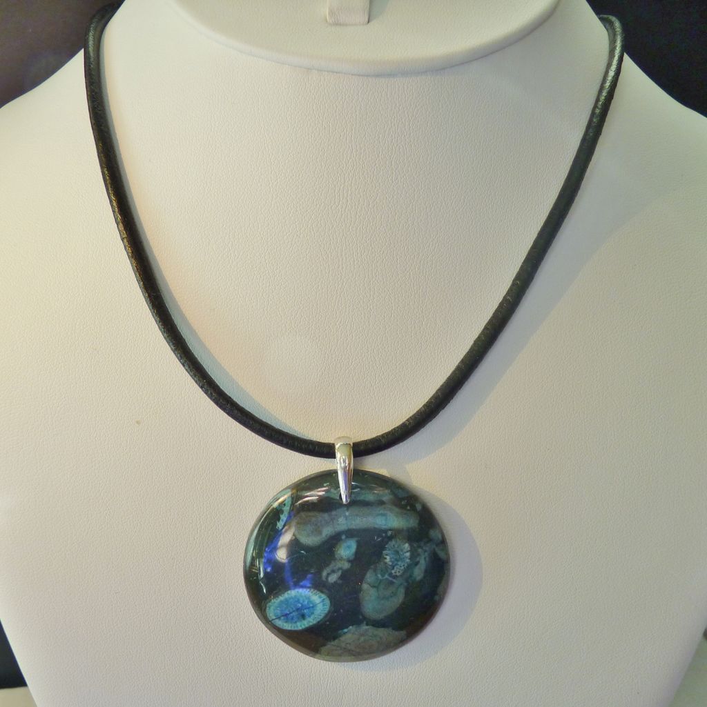 Round Nipomo Blue Coral Fossil Pendant on Leather with Sterling Round Nipomo Blue Coral Fossil Pendant on Leather with Sterling