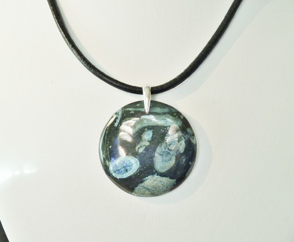 Round Nipomo Blue Coral Fossil Pendant on Leather with Sterling Round Nipomo Blue Coral Fossil Pendant on Leather with Sterling