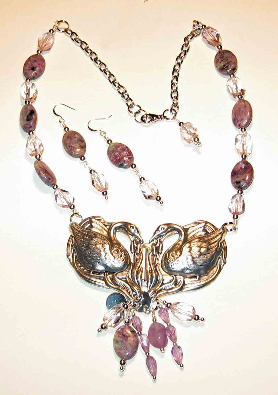 'Kissing Swans' Silver Plated Stamping, Charoite and Amethyst Necklace Set 'Kissing Swans' Silver Plated Stamping, Charoite and Amethyst Necklace Set