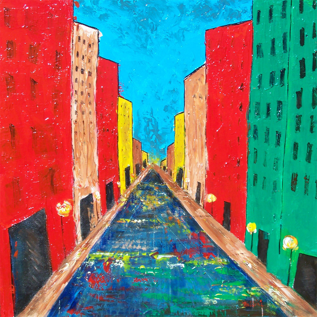 Urban art cityscape original painting bright colors fine art 22"x22" by contemporary artist Monica Fallini Urban art cityscape original painting bright colors fine art 22"x22" by contemporary artist Monica Fallini