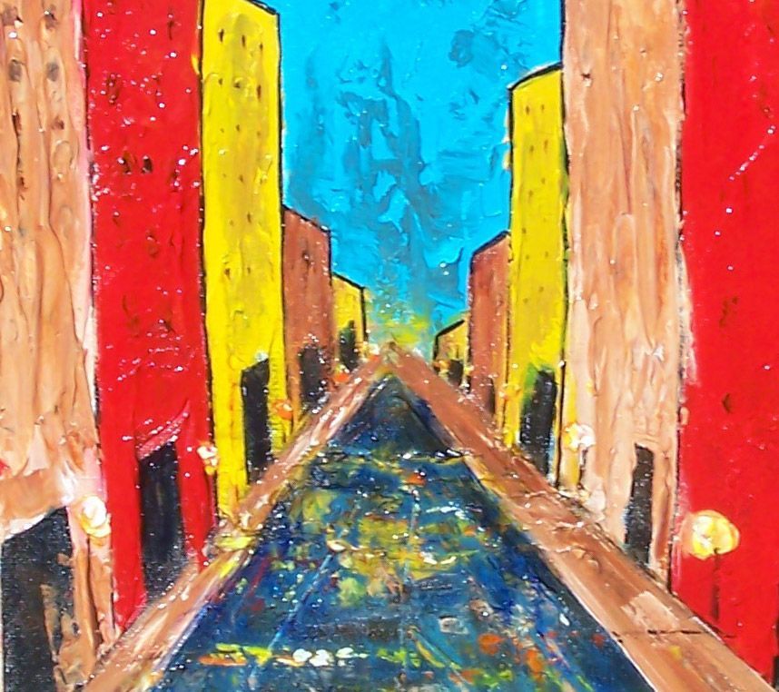 Urban art cityscape original painting bright colors fine art 22"x22" by contemporary artist Monica Fallini Urban art cityscape original painting bright colors fine art 22"x22" by contemporary artist Monica Fallini